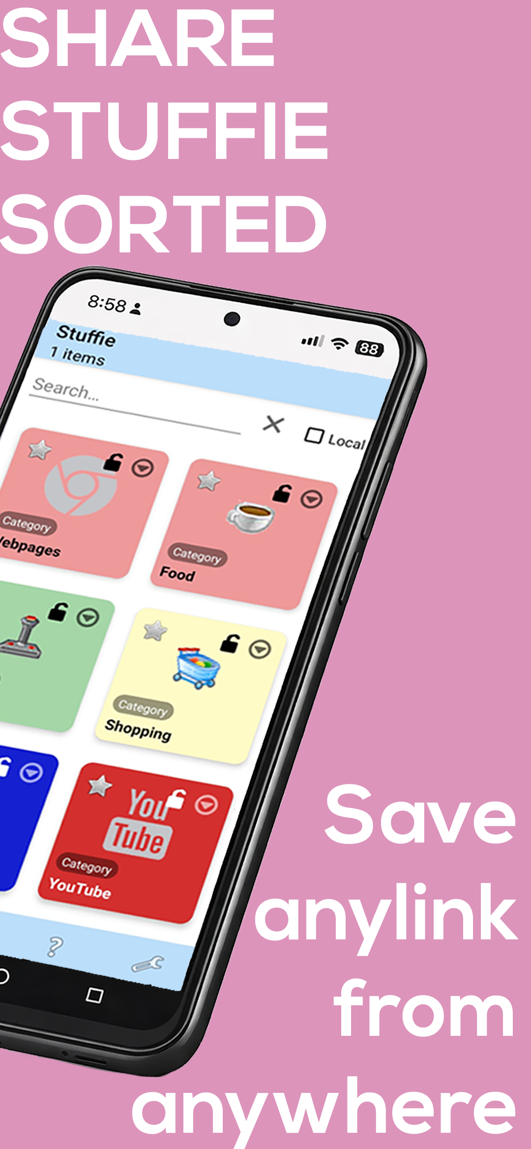 Stuffie main screen showing organized bookmarks